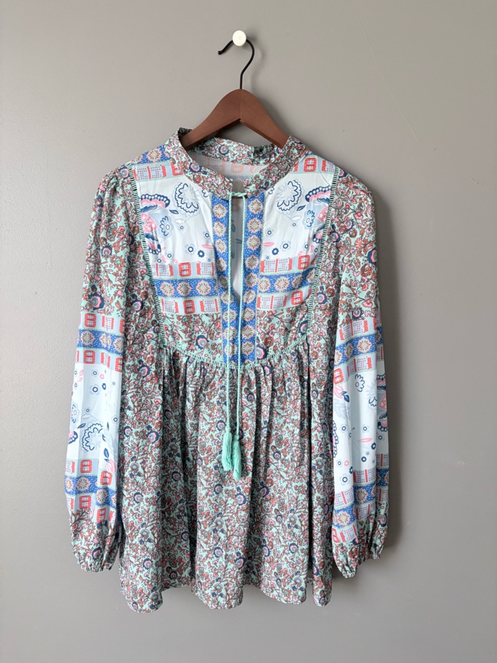 Boho Patchwork Floral Peasant Blouse in Mint and Coral